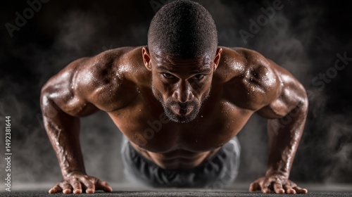 Intense workout muscular man holding plank on forearms in a gym fitness training with rising steam in a hardcore environment