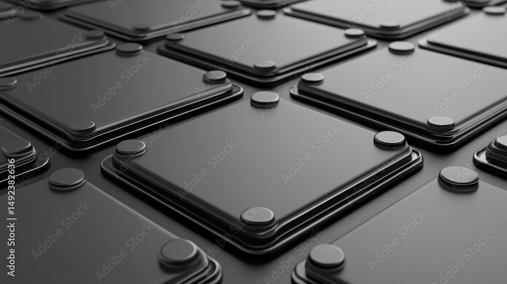Repeating pattern of dark gray square plates with circular fasteners Repeating pattern of dark gray square plates with circular fasteners