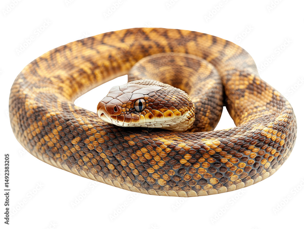 Obraz premium Coiled brown snake with detailed scales and alert eyes on transparency background