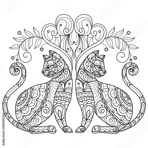 Photography Cat with a flower heart hand drawn for adult coloring book