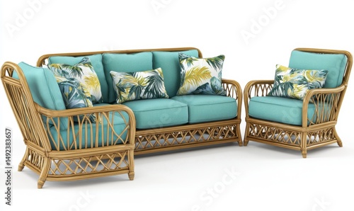Rattan sofa and armchair set, teal cushions, white background, home decor