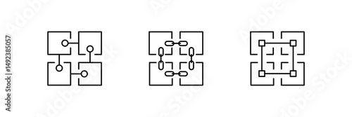 Blockchain icon. Block chain vector set. Crypto currency sign. Blockcain code cryptocurrency symbol. Block chain line set.