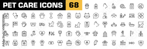 Pet care icons. Pet care vector set. Animal isolated sign. Grooming signs set. Cat nad dog line icon.