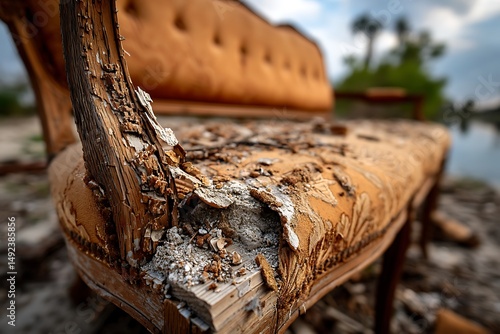 Weathered Vintage Sofa Abandoned  Decayed with Beachfront, Florida, and CloseUp.