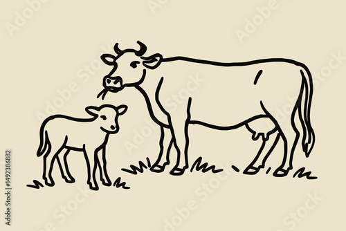 cow and calf outline vector illustration