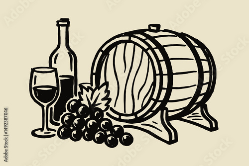 wine barrel and grapes contour vector illustration