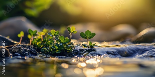 Serene Water with Lush Greenery Close Up Reflecting Golden Light and Rocks Landscape at Sunset on Stream Nature Background