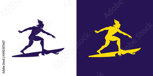 Silhouette of Greek god Hermes surfing. Minimal side-view logo with waves and surfboard for creative branding.
