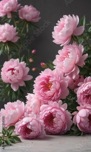 Full bloom pink peonies, soft petals, elegant backdrop, floral, background