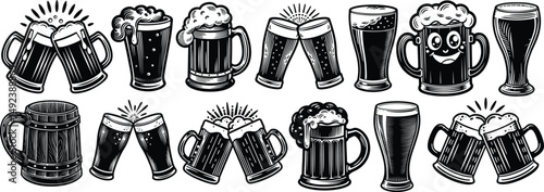Beer glasses and frothy mugs are sketch-style, generative AI vector illustrations, Oktoberfest, or pub themes set collection bundle sketches. Black and white designs, for brewery branding, pub-style