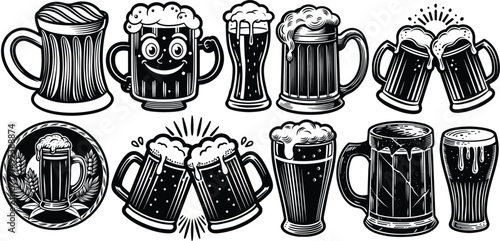 Beer glasses and frothy mugs are sketch-style, generative AI vector illustrations, Oktoberfest, or pub themes set collection bundle sketches. Black and white designs, for brewery branding, pub-style