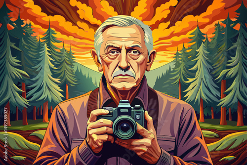 A senior old man joins a team of researchers studying rare animal habitats in jungle landscape
