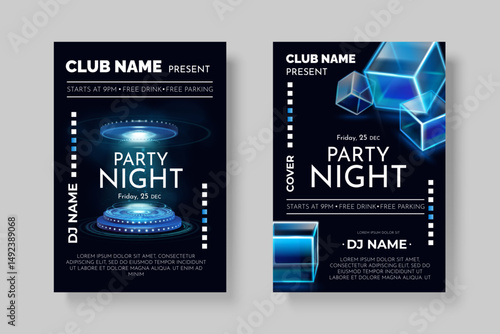 House club flyer. Dj music night party invitation template, electro dance sound abstract cover minimal techno festival summer event poster design realistic 3d vector illustration