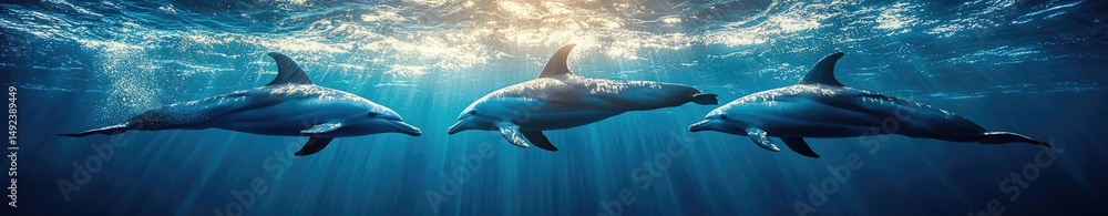 Three dolphins gracefully swimming in deep water. Three dolphins gracefully swimming in deep water.