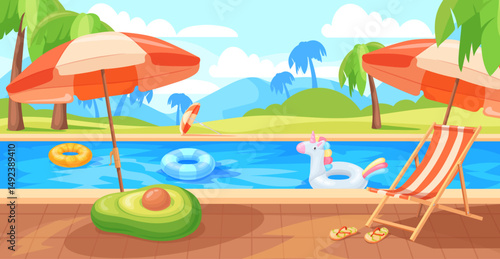 Swimming pool cartoon background. Luxury hotel resort poolside outdoor tropical landscape, beach party blue water for swim summer vacation travel poster, neat vector illustration