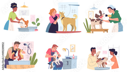 Pets grooming service. Dog and cat in pet groom salon, groomer care puppy canine feline haircut brush comb trimming nail hair bathing animal barber, classy vector illustration