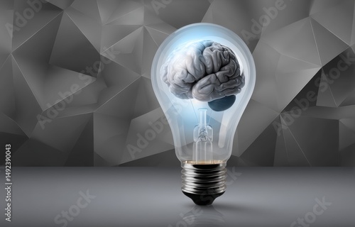 Light Bulb with Brain Inside on Gray Geometric Background Symbolizing Innovation