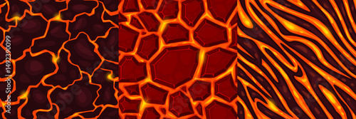 Cartoon lava textures. Molten volcanic magma texture seamless pattern, volcano eruption fissure surface top view hell fire 2d game hot rock burnt earth swanky vector illustration