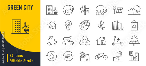 Green city web icons in line style. Green energy, autonomous building, efficient, environment, recycle technology, renewable solar, collection. Vector illustration.