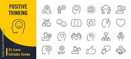 Positive thinking web icons in line style. Lifestyle, charity, optimism, happiness, psychology, love, collection. Vector illustration.