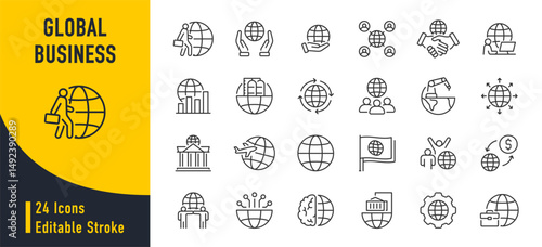 Global Business web icons in line style. Banking, logistics, transport, partnership, communication, collection. Vector illustration.