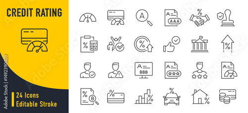 Credit Rating and score web icons in line style. Financial scoring, mortgage, money, guarantors, auditor, collection. Vector illustration.