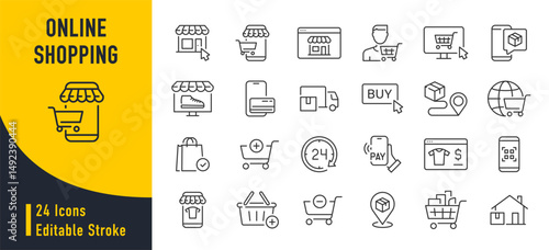 Online Shopping web icons in line style. E-commerce, web shop, credit card, mobile shop, digital marketing, collection. Vector illustration.
