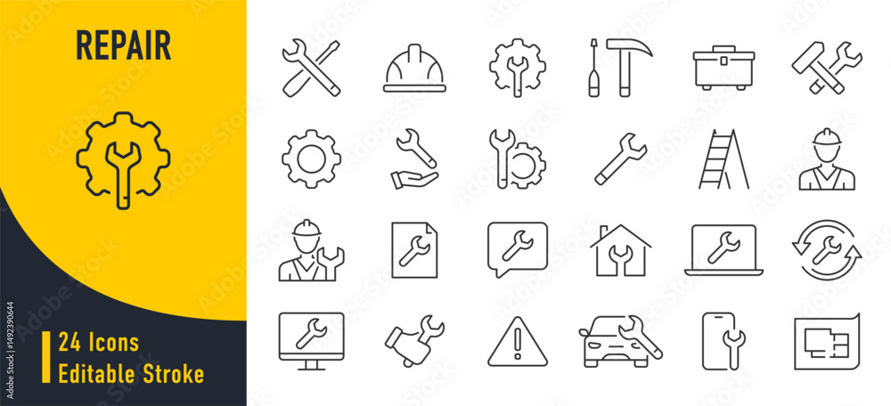 Fototapeta premium Repair web icons in line style. Engineer, maintenance, tools, support, collection. Vector illustration.