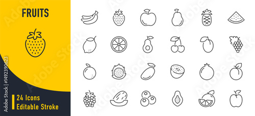 Fruits web icons in line style. Banana, mango, pear, apple, papaya, pineapple, avocado, longan, orange, collection. Vector illustration.