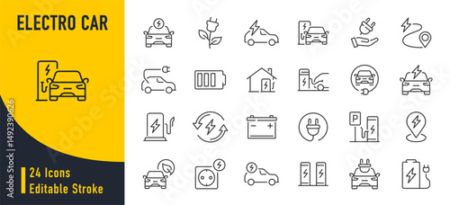 Electro Car web icons in line style. Logistic, electrical, charger, charging station, battery, eco transport ,collection. Vector illustration.