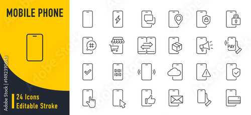 Mobile phone web icons in line style. Smartphone, telephone, call, chat, voice, message, mail, pay, pin, live, collection. Vector illustration.