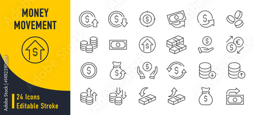 Money Movement web icons in line style. Money, coin, cash, profit, send money, cash back, investment, collection. Vector illustration.