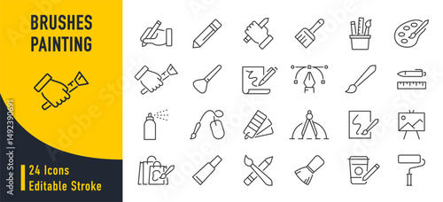 Brushes and Painting web icons in line style. Brush, color palette, bucket, can, collection. Vector illustration.