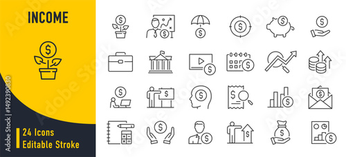 Income web icons in line style. Accounting, payment, bank, investment, commission, work, tax, collection. Vector illustration.