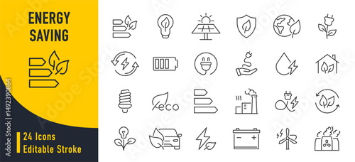 Energy Saving web icons in line style. Green energy, ecology, electricity, collection. Vector illustration.