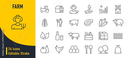 Farming web icons in line style. Agriculture, planting, fertilizer, vegetables, tractor, farmers, fence, farm buildings, collection. Vector illustration.