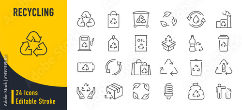 Recycling web icons in line style. Garbage, environmental, plastic, organic waste, recycle plant, collection. Vector illustration.