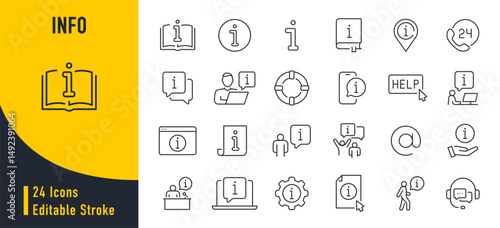 WebInfo web icons in line style. Information, manual, online help, info center, instruction, rules, collection. Vector illustration.