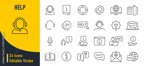Help web icons in line style. Assistant, support, online help, info center, instruction, rules, collection. Vector illustration.