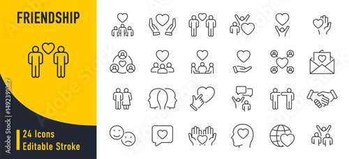 Friendship web icons in line style. Interaction, friend, relationship, mutual assistance, social responsibility, buddy, love, collection. Vector illustration.
