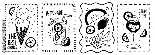 Vintage poster with tropical fruits and cocktail in doodle outline. Hand drawn black summer drink and ice-cream with funny frame.