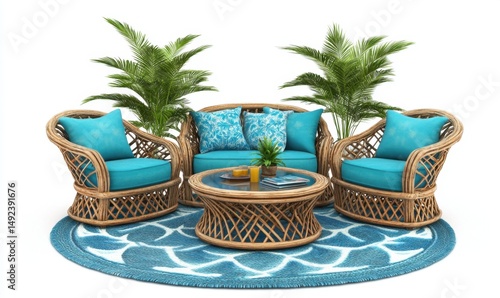 Tropical patio furniture set, wicker chairs, relaxing oasis