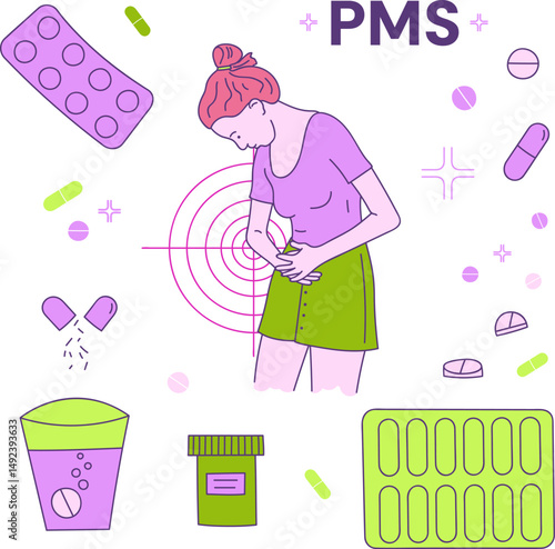 PMS Symptoms and Pain Relief Pills – Flat Vector Illustration of Woman with Menstrual Cramps Vector flat illustration showing a young woman experiencing abdominal pain due to PMS (Premenstrual Syndrom