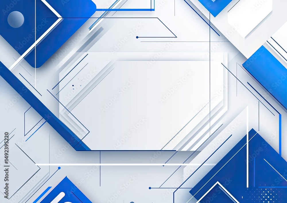 Obraz premium Abstract geometric shapes in white and blue, interconnected with lines, creating a dynamic, technological design