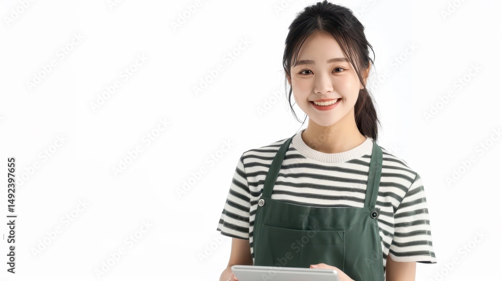 The woman in green apron The woman in green apron