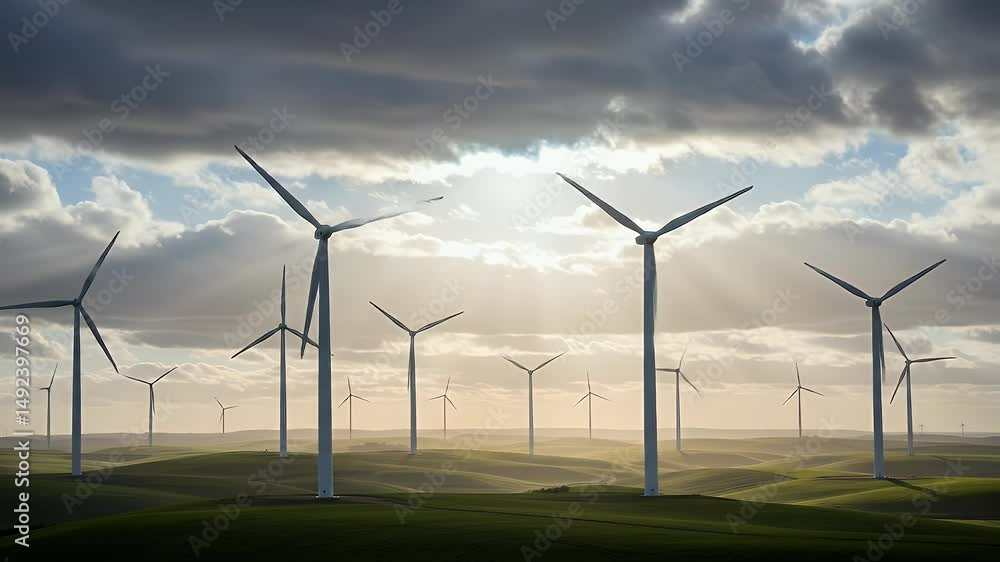 Wind Turbines Rotating in Open Field with Cloudy Sky Slow Motion Wind Turbines Rotating in Open Field with Cloudy Sky Slow Motion