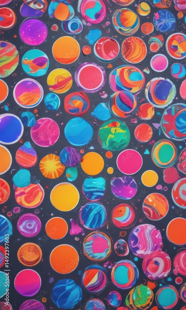 Assorted sticker designs; round shapes, vibrant hues , macro, surface Assorted sticker designs; round shapes, vibrant hues , macro, surface