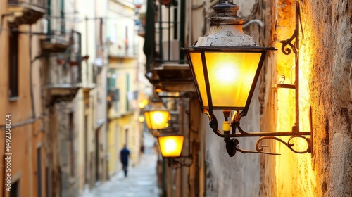 Charming Street Lamps Illuminate Quaint Alleyway in European Town at Dusk
