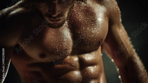 Intense workout focus close-up of flexed six-pack abs in motion gym environment fitness cardio training with glistening sweat