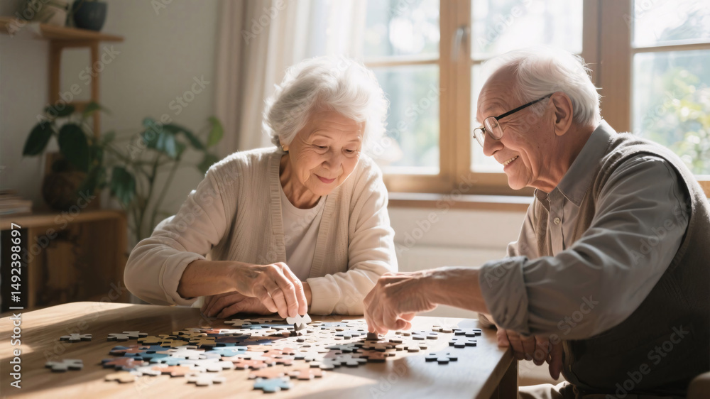 Fototapeta premium Senior couple working on a complex jigsaw puzzle in natural sunlight, promoting teamwork and cognitive resilience